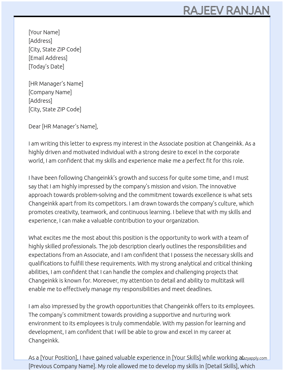 Associate At Changeinkk Cover Letter