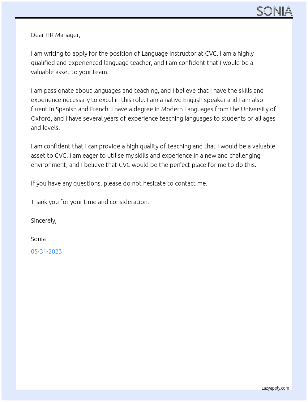 Language Instructor At CVC Cover Letter