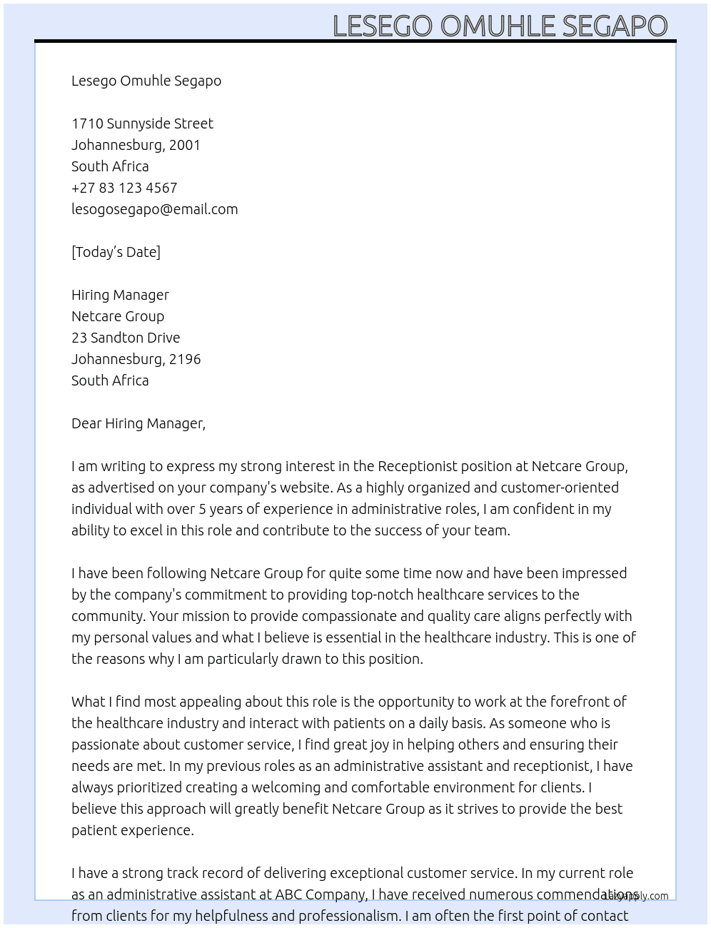 Receptionist At Netcare Group Cover Letter