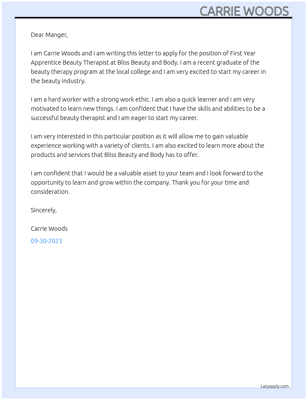 First Year Apprentice Beauty Therapist  At Bliss Beauty and body  Cover Letter