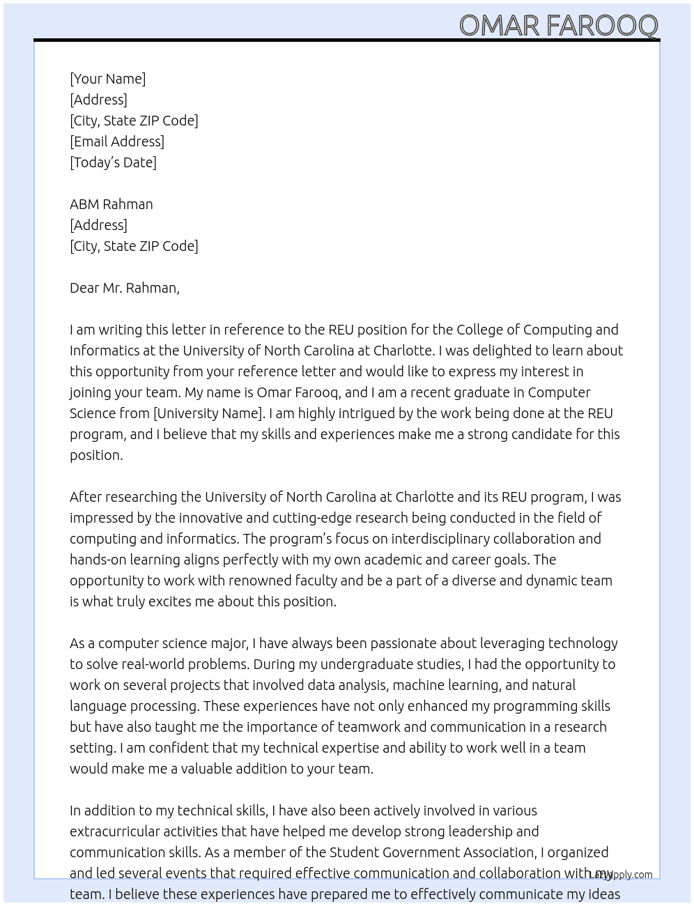 REU for College of Computing and Informatics At REU at University of North Carolina at Charlotte Cover Letter