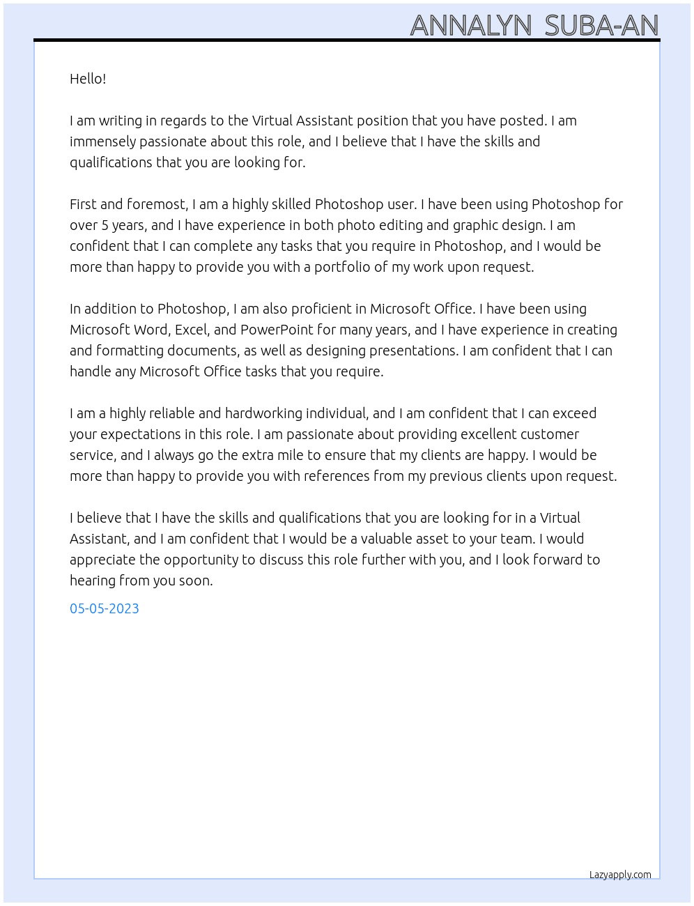 virtual assistant  At Annalyn  Suba-an Cover Letter