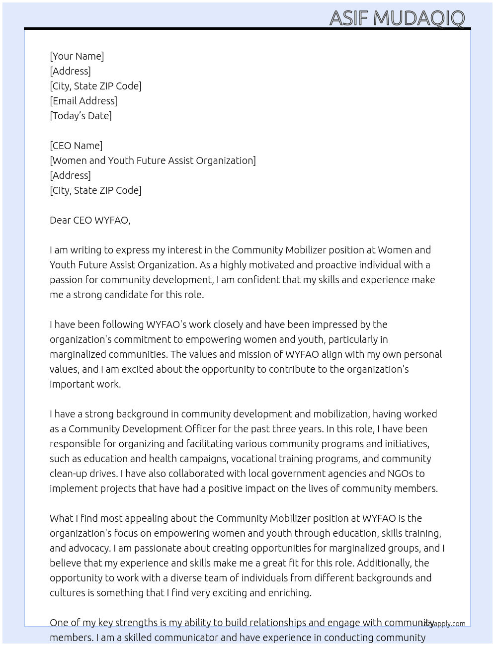 Community mobilizer  At Women and Youth Future Assist Organization Cover Letter