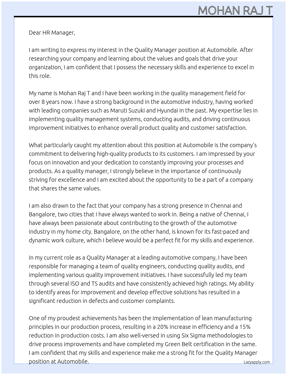 Quality manager At Automobile Cover Letter