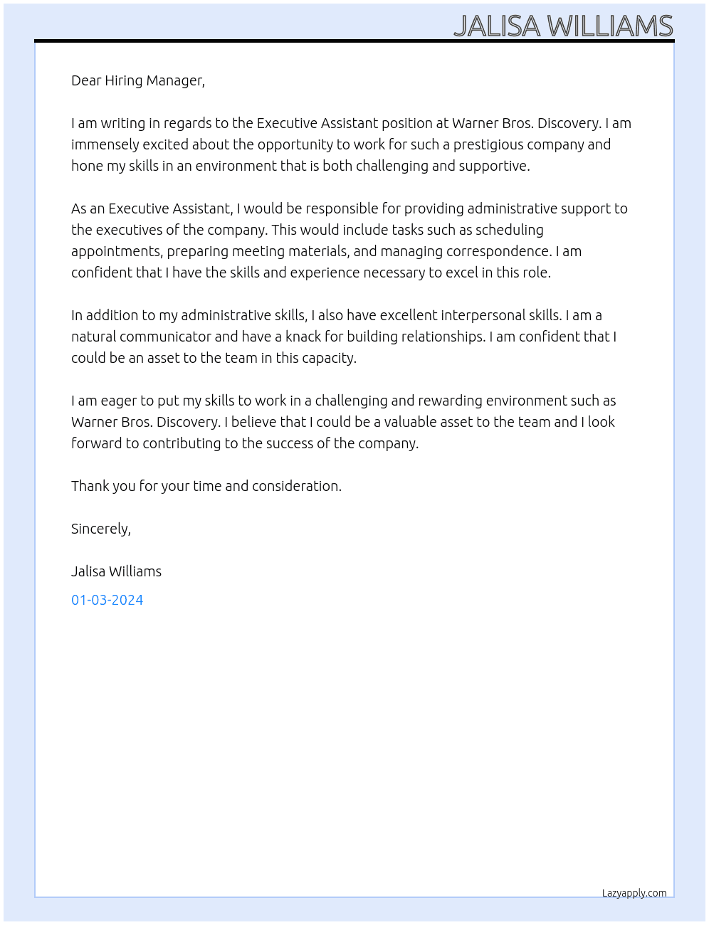 Executive Assistant At Warner Bros. Discovery Cover Letter