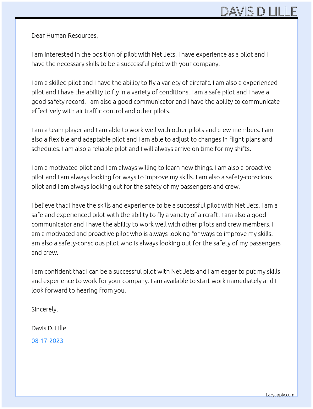Pilot  At Net Jets  Cover Letter