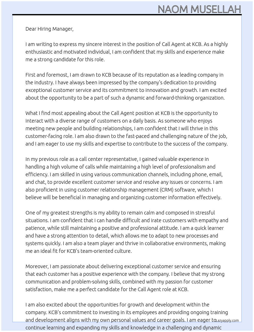 call agent At KCB Cover Letter