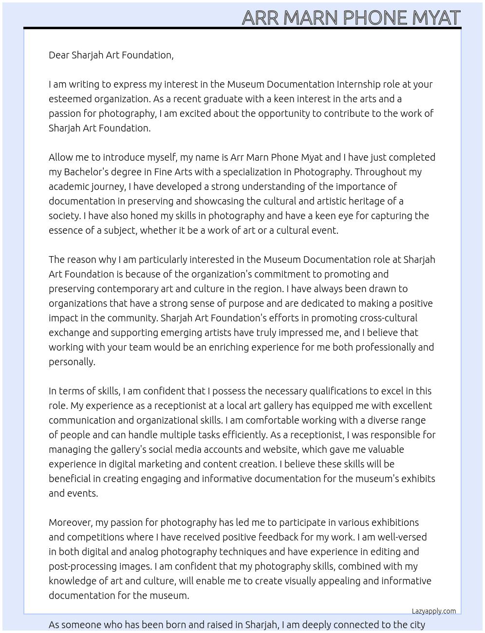 Museum Documentation  At Sharjah Art Foundation  Cover Letter