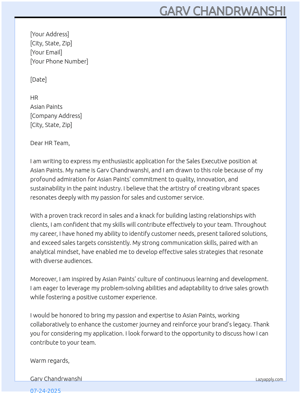 Sales Executive At Asianpaint Cover Letter