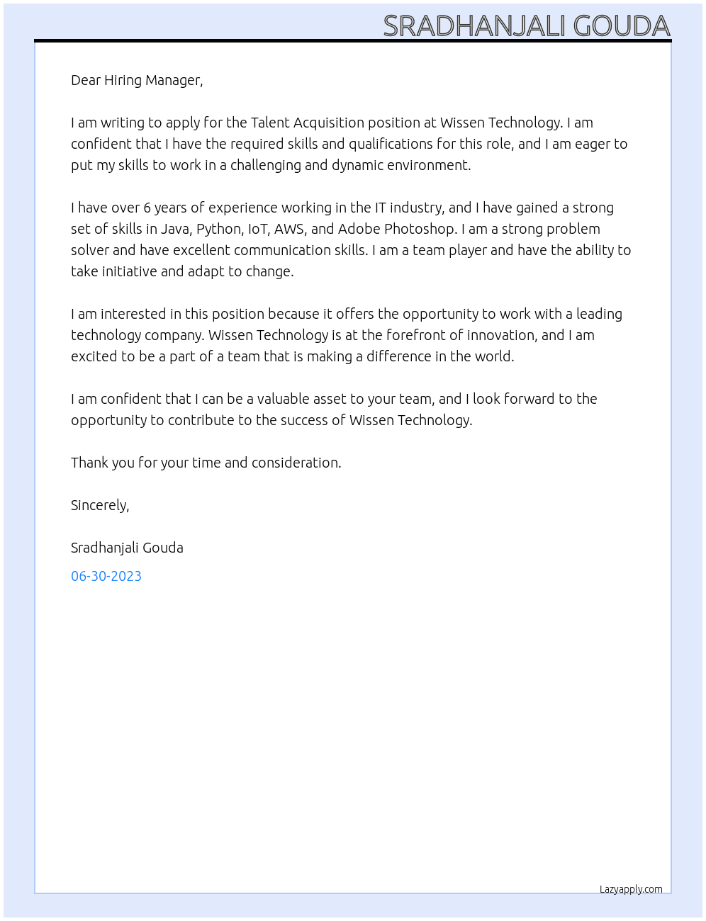 Talent Acquisition At Wissen Technology Cover Letter