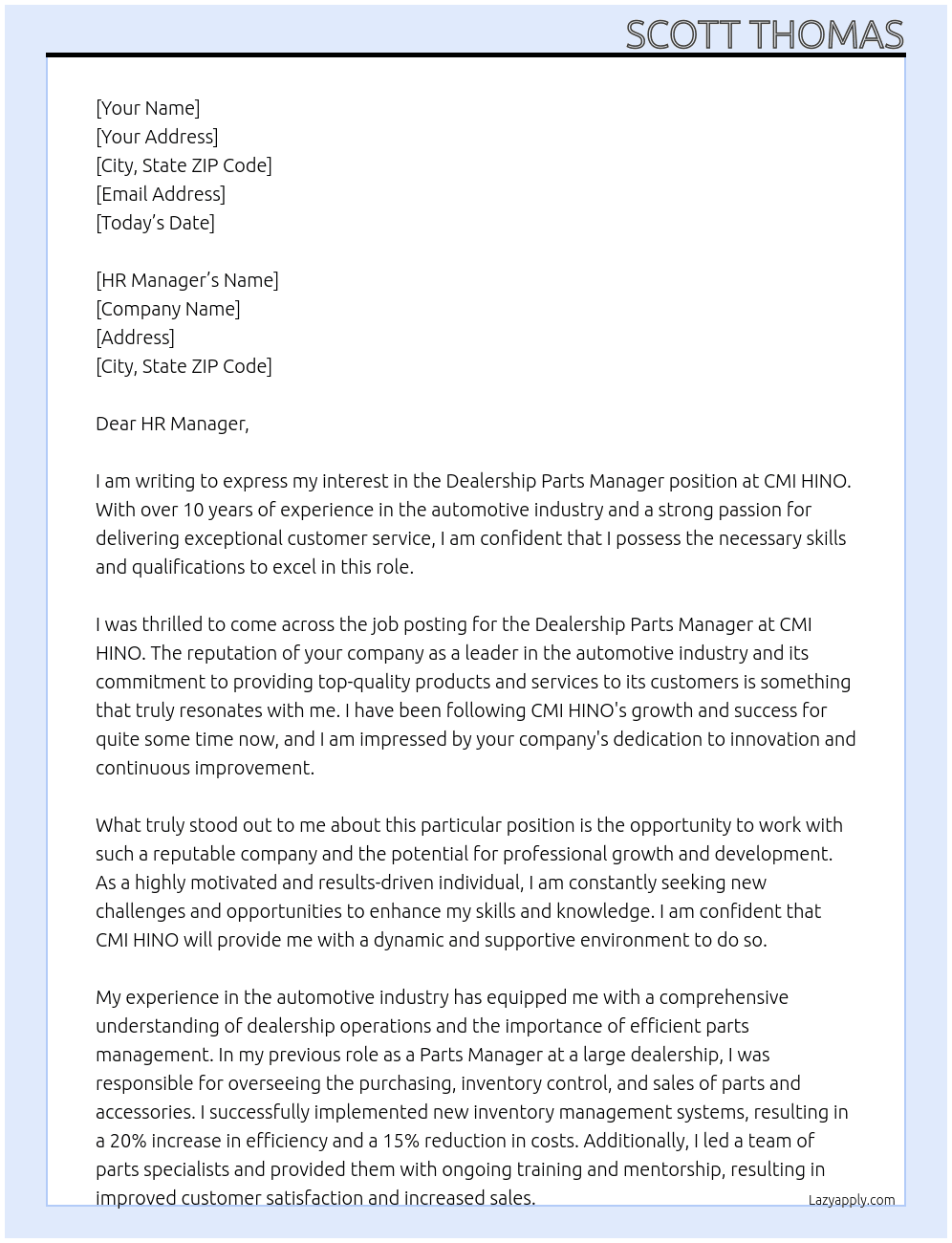 Dealership Parts Manager At CMI HINO Cover Letter