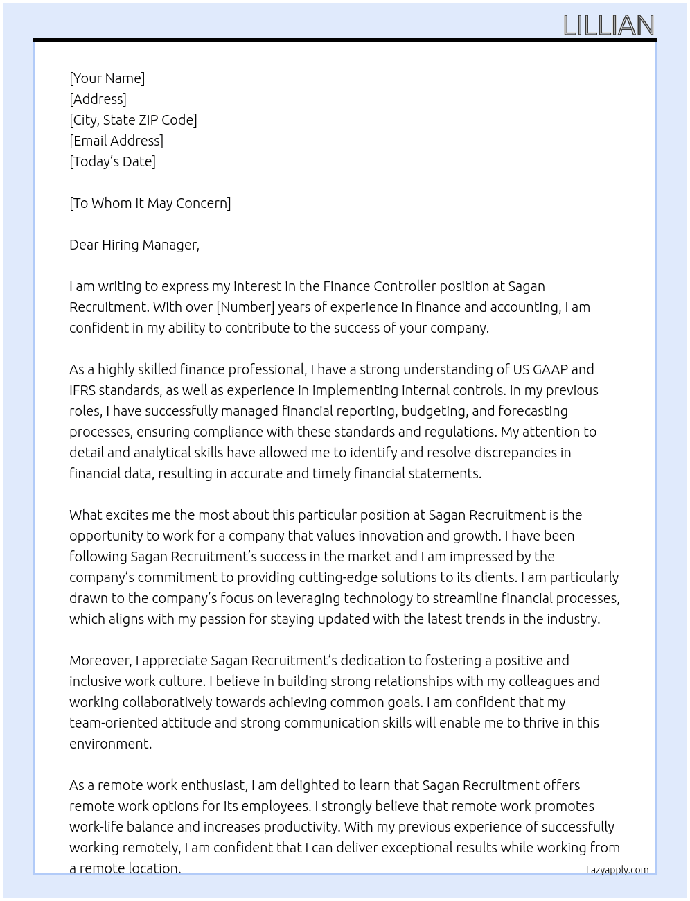 Finance Controller At Sagan Recruitment Cover Letter