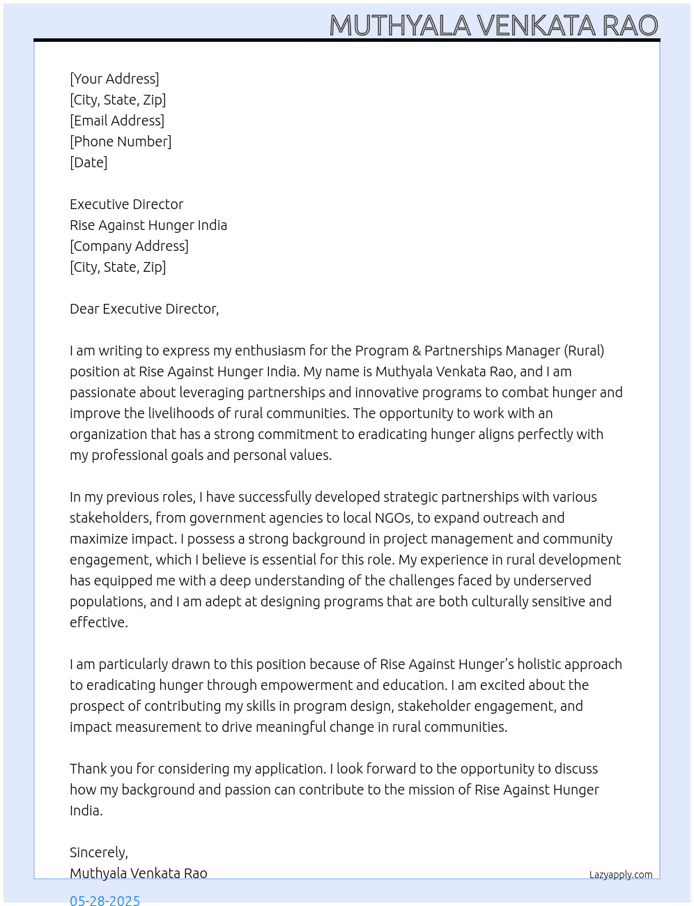 Program & Partnerships Manager (Rural) At Rise Against Hunger India Cover Letter
