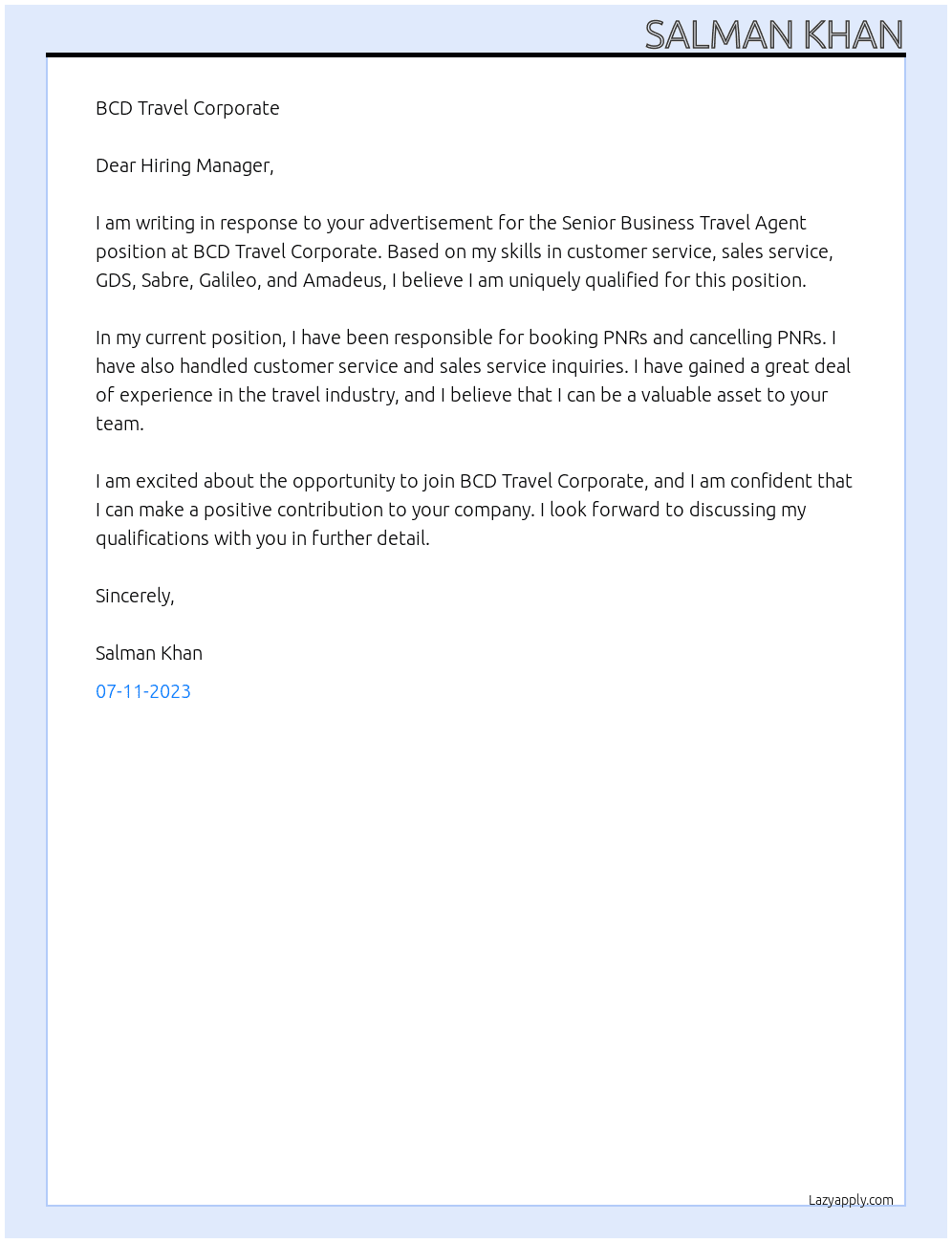 Senior Business Travel Agent At BCD Travel Corporate Cover Letter