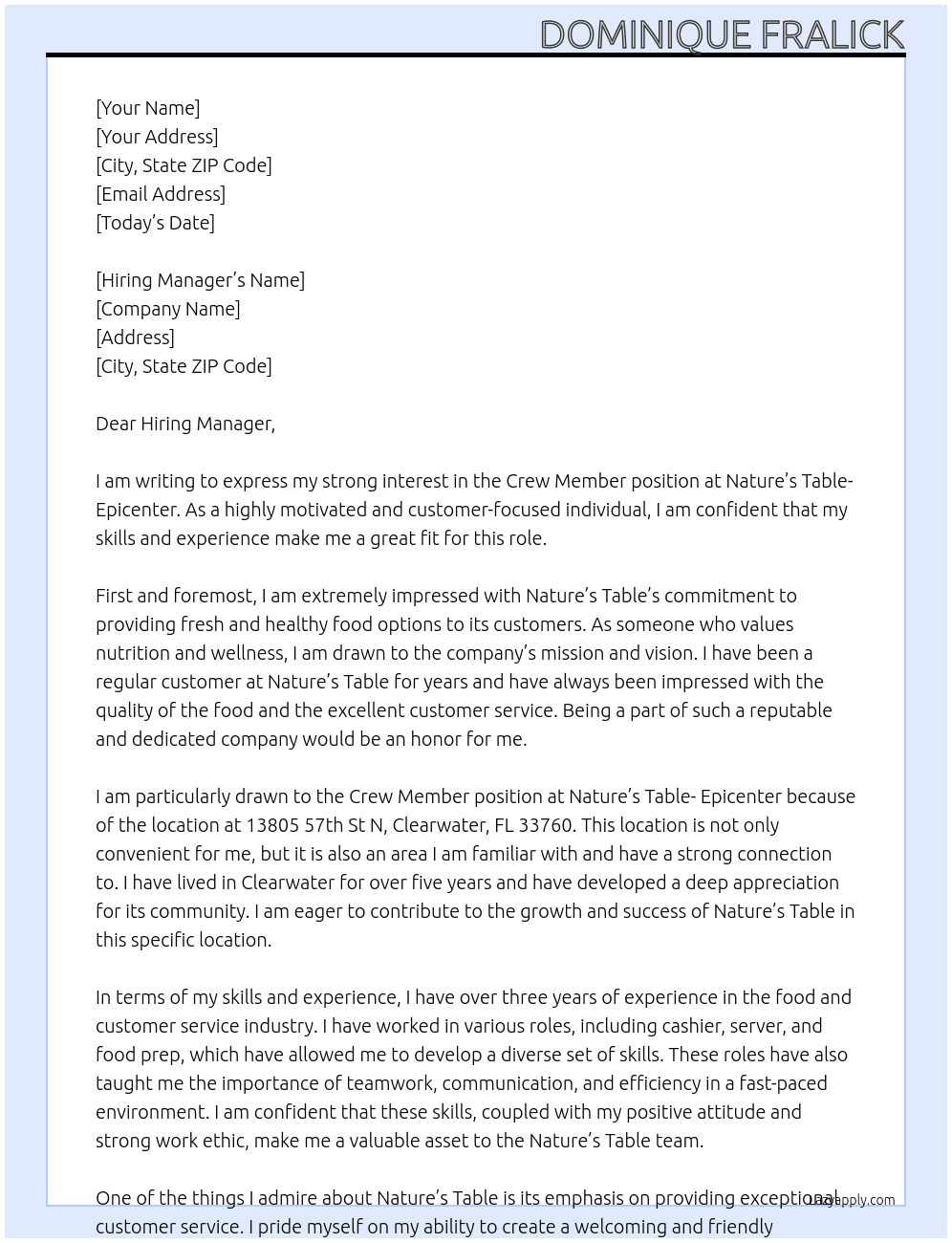 Crew Member  At Nature's Table- Epicenter  Cover Letter