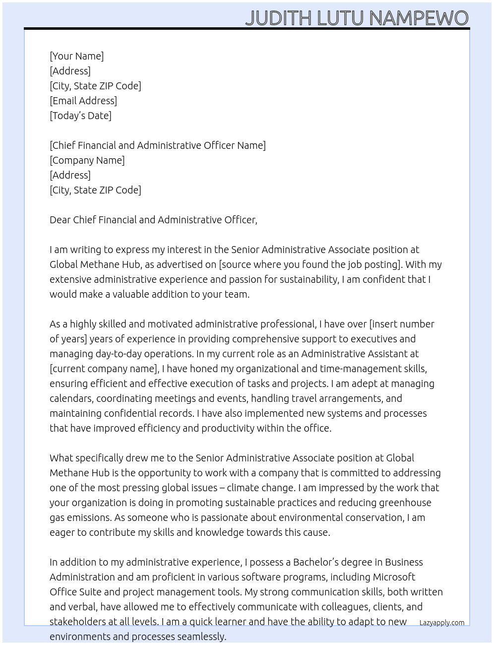 SENIOR ADMINISTRATIVE ASSOCIATE At GLOBAL METHANE HUB Cover Letter