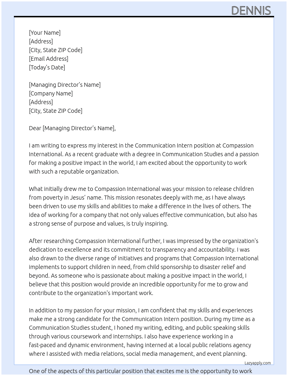 Communication Intern At Compassion International  Cover Letter