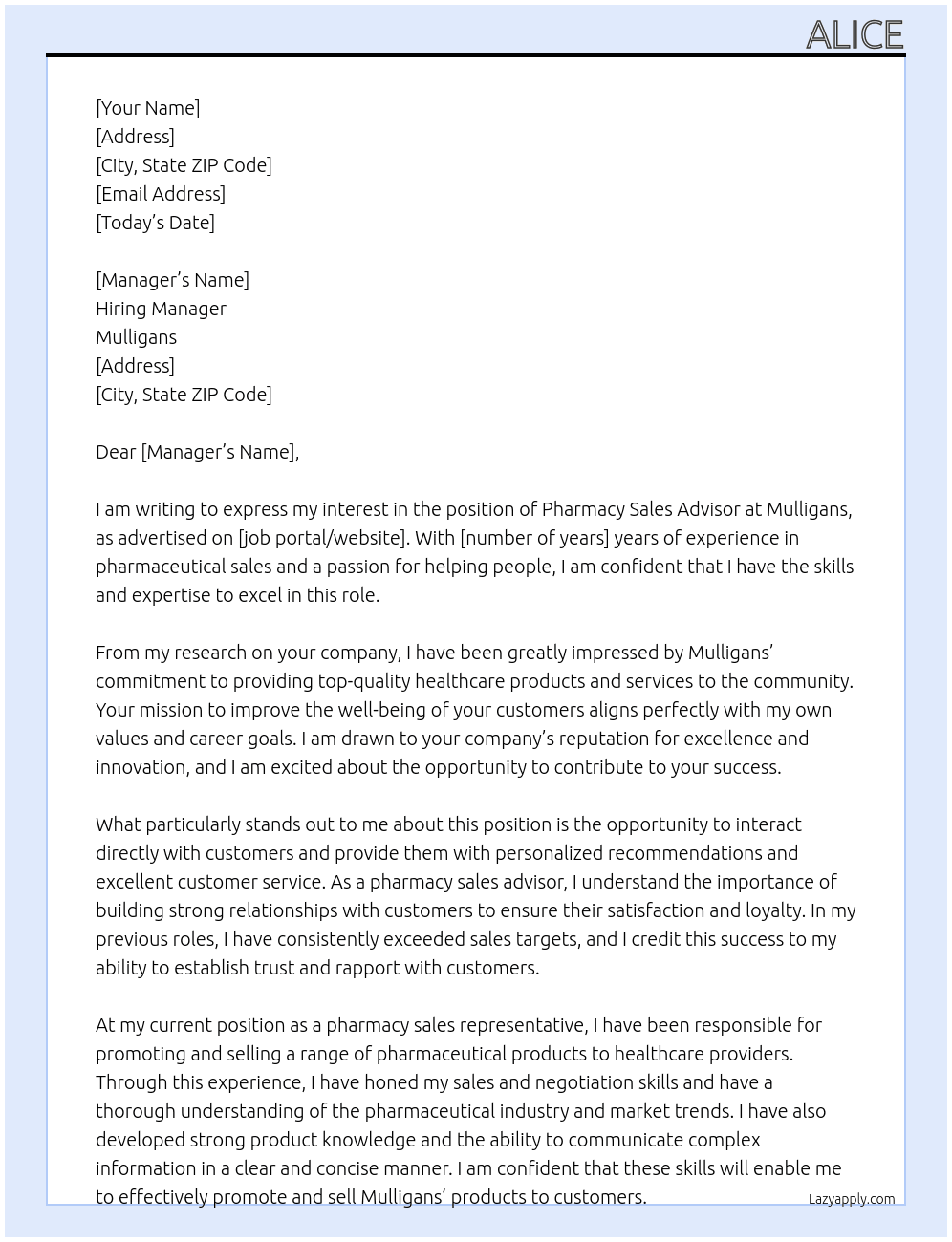Pharmacy sales advisor  At Mulligans  Cover Letter