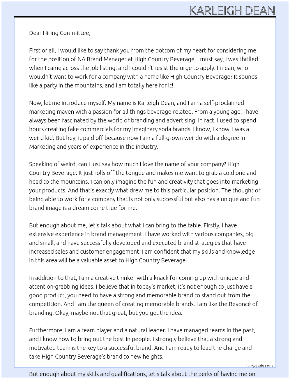 NA Brand Manager At High Country Beverage  Cover Letter