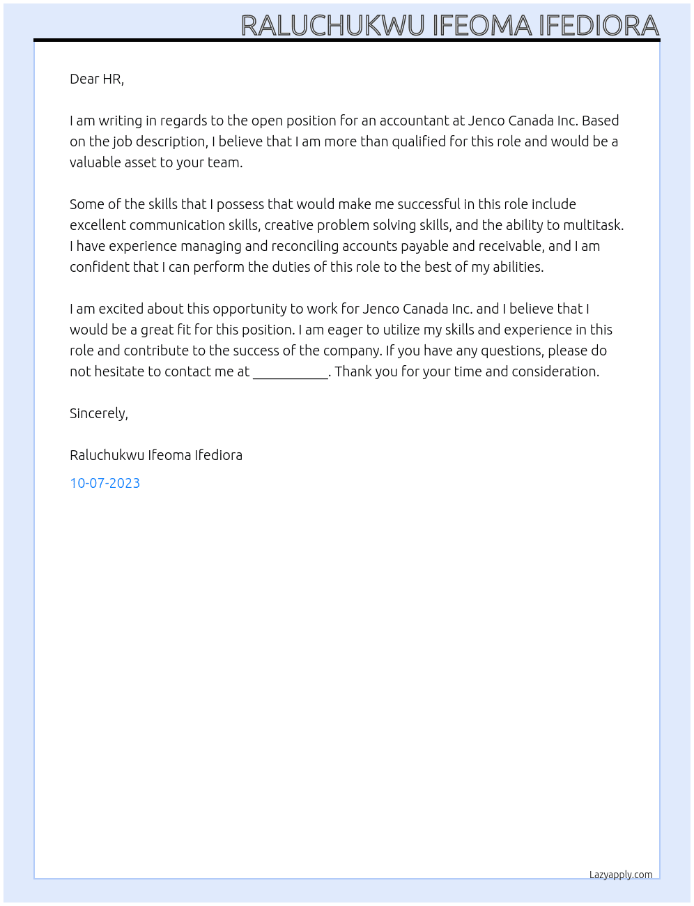 Accountant At Jenco Canada Inc Cover Letter