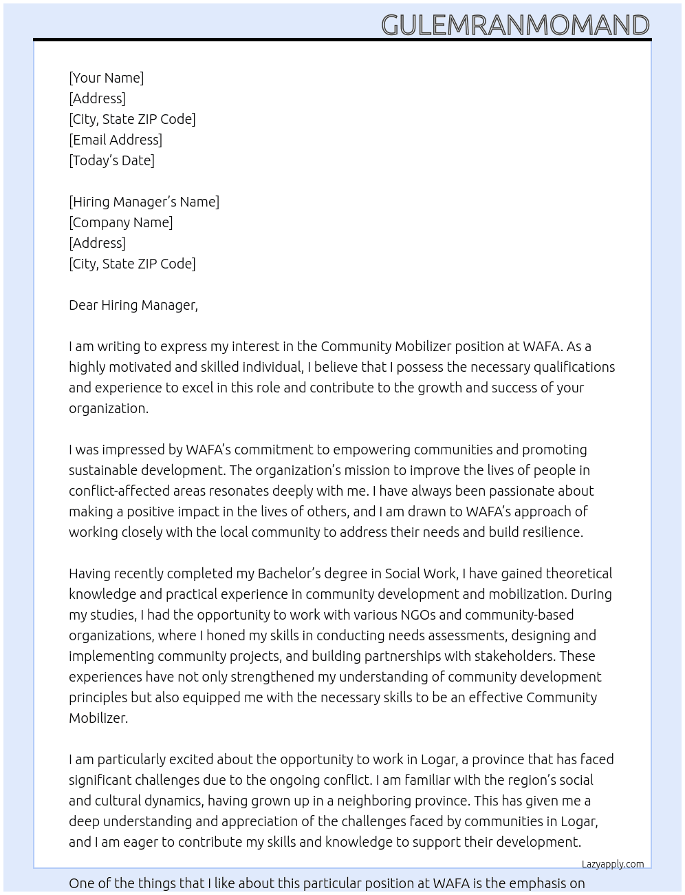 CommunityMobilizer At WAFA Cover Letter
