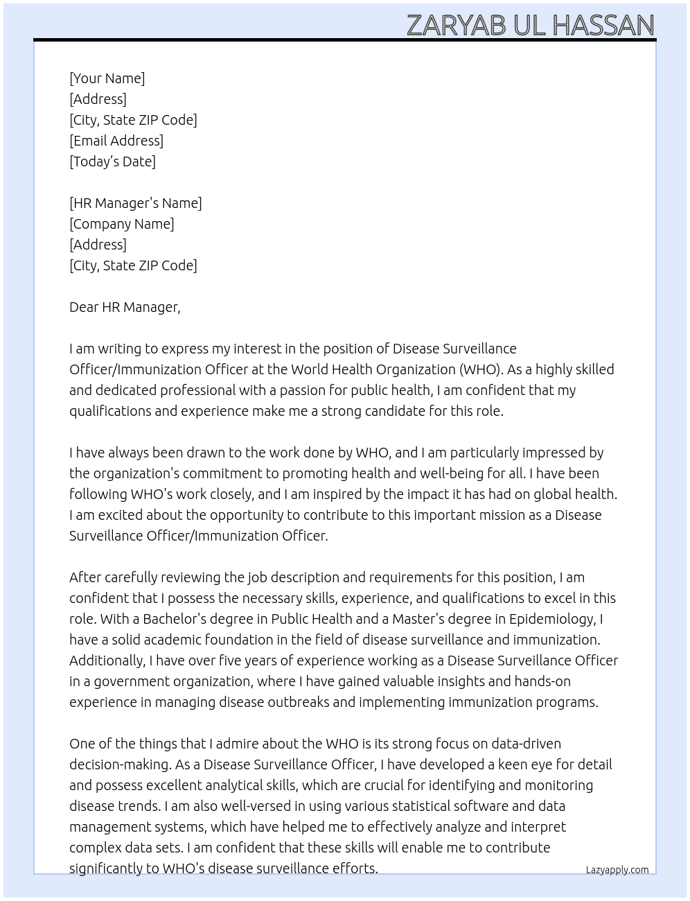 Cover letter for disease srveillance officer/immunization officer - LazyApply