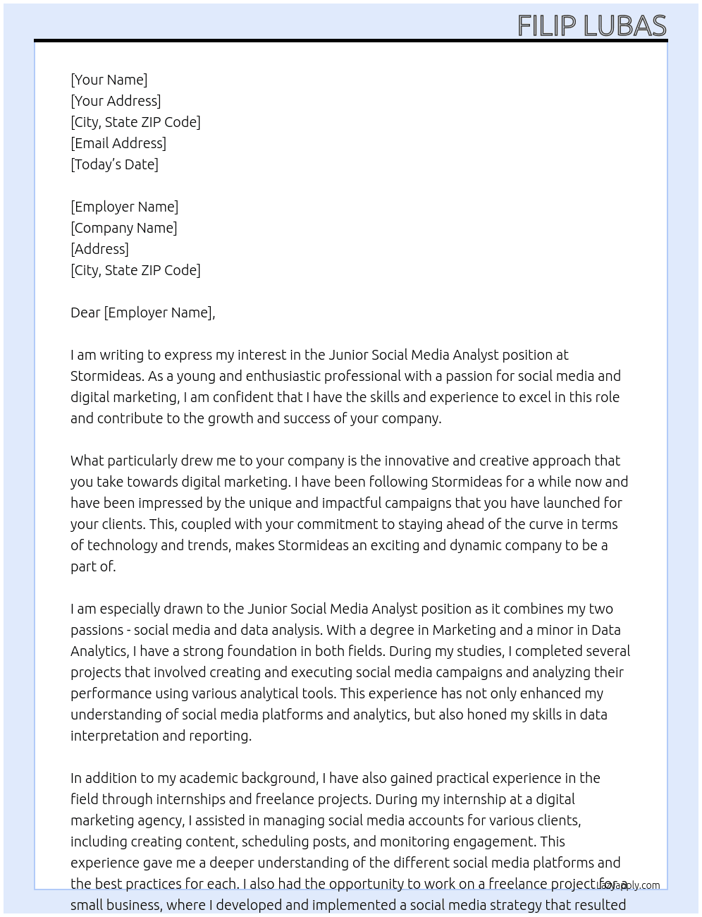 Junior Social Media Analyst At stormideas Cover Letter