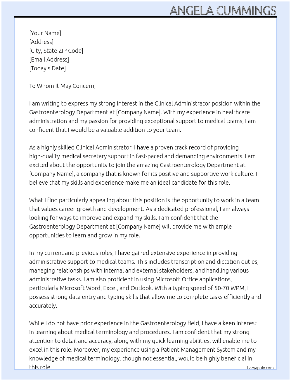 Clinical Administrator | Gastroenterology Department At Gastroenterology Cover Letter