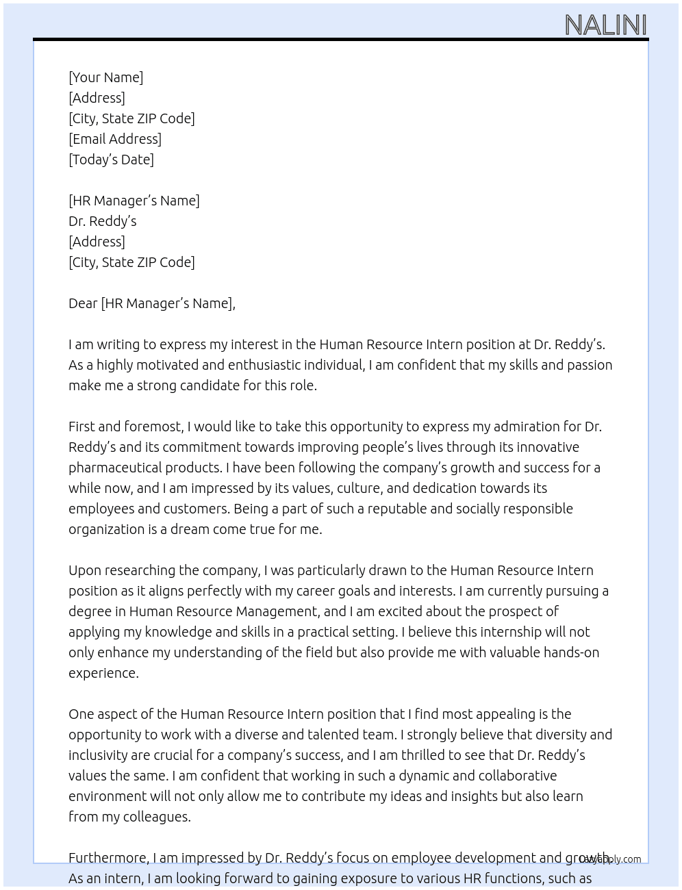 Human Resouce Intern At Dr. Reddy's Cover Letter