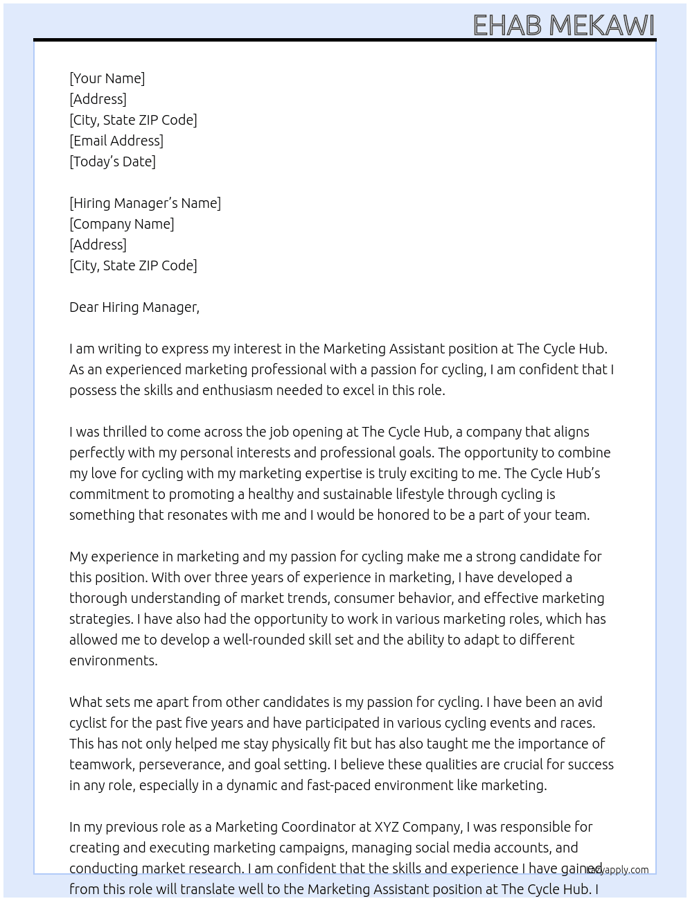 Marketing Assistant At The Cycle Hub Cover Letter