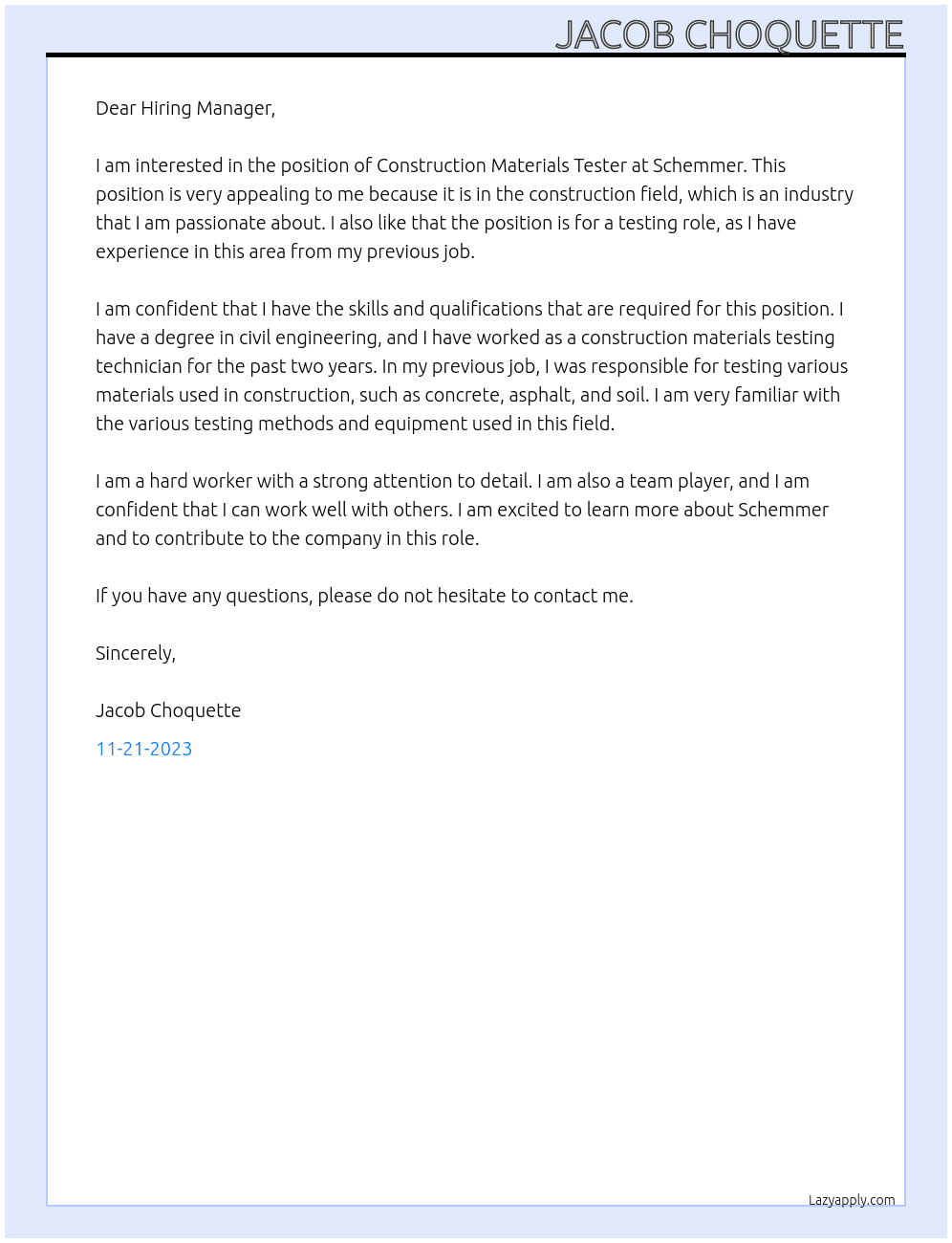Construction Materials Tester At Schemmer Cover Letter