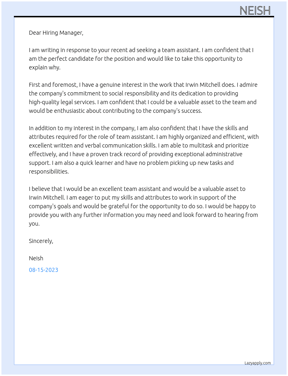 Team assistant At Irwin michell Cover Letter