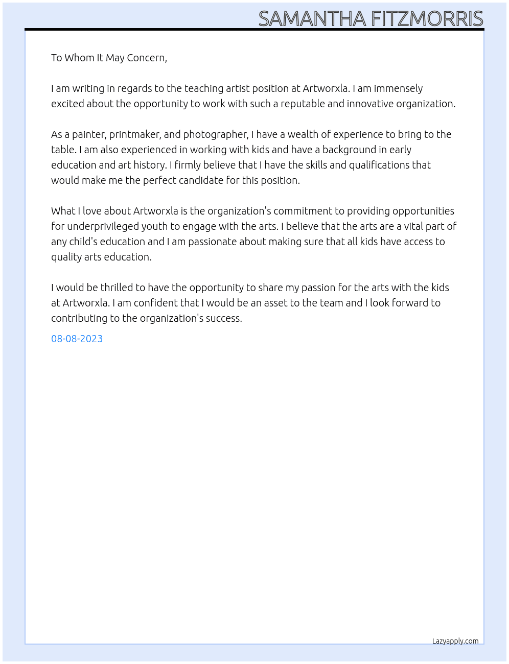 Teaching Artist At Artworxla Cover Letter