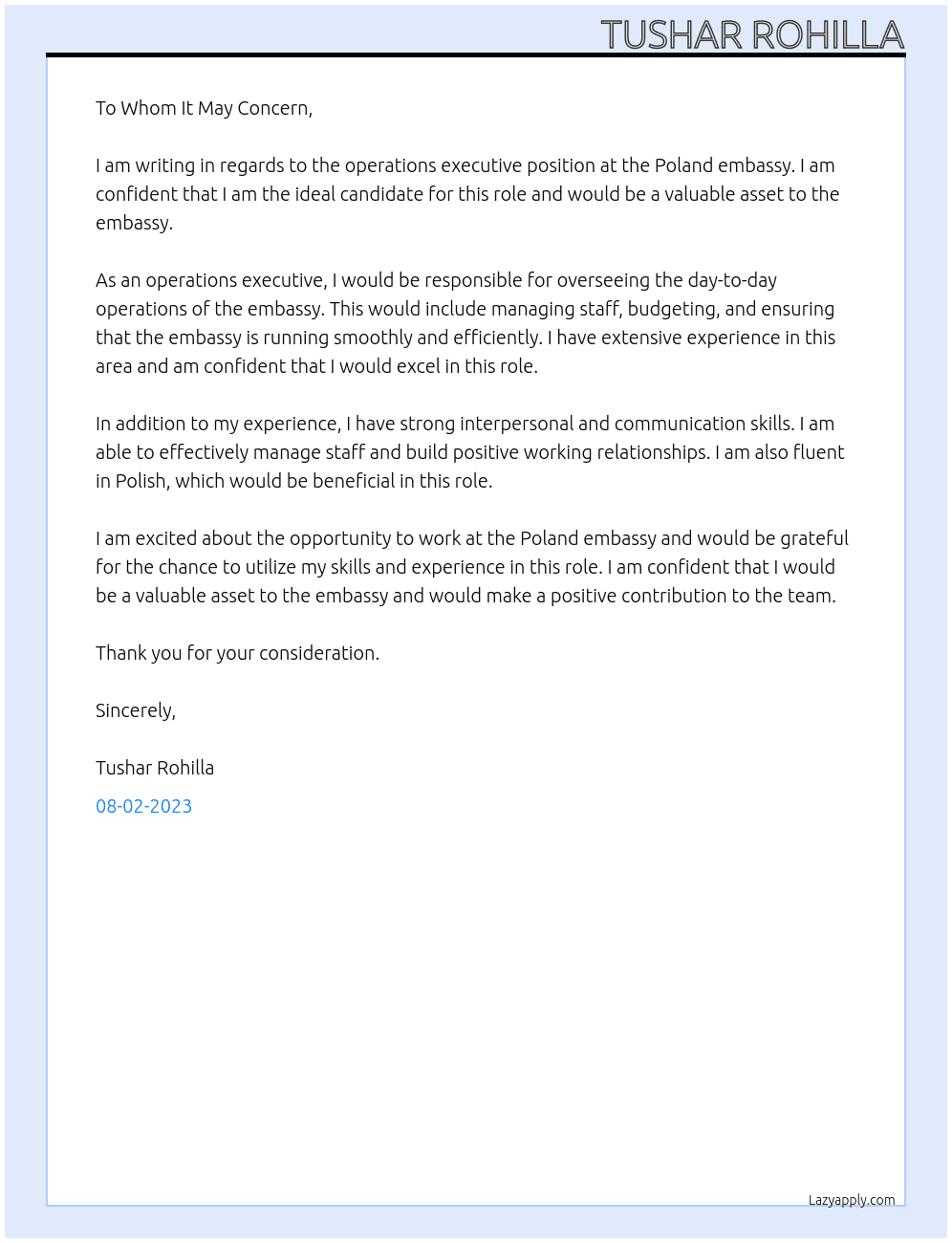 operations executive At poland embassy Cover Letter