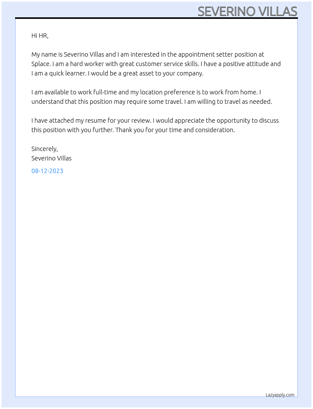 Appointment setter At Splace  Cover Letter