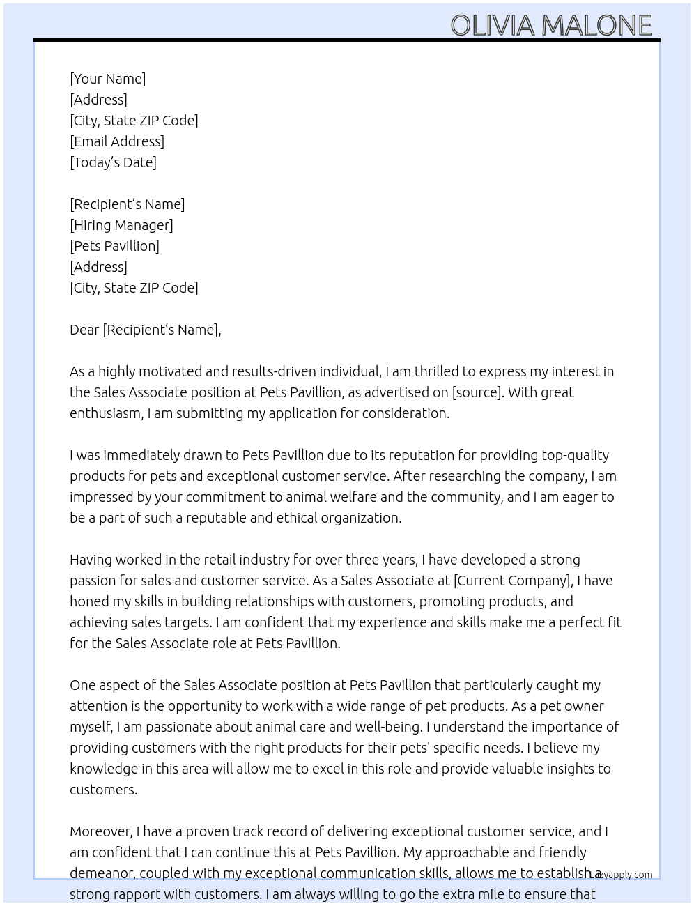 Sales associate  At Pets Pavillion  Cover Letter