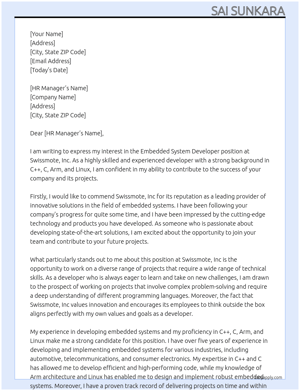 Embedded system developer  At Swissmote, Inc Cover Letter