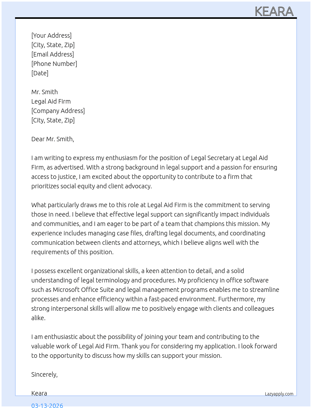 Legal secretary  At Legal Aid Firm  Cover Letter