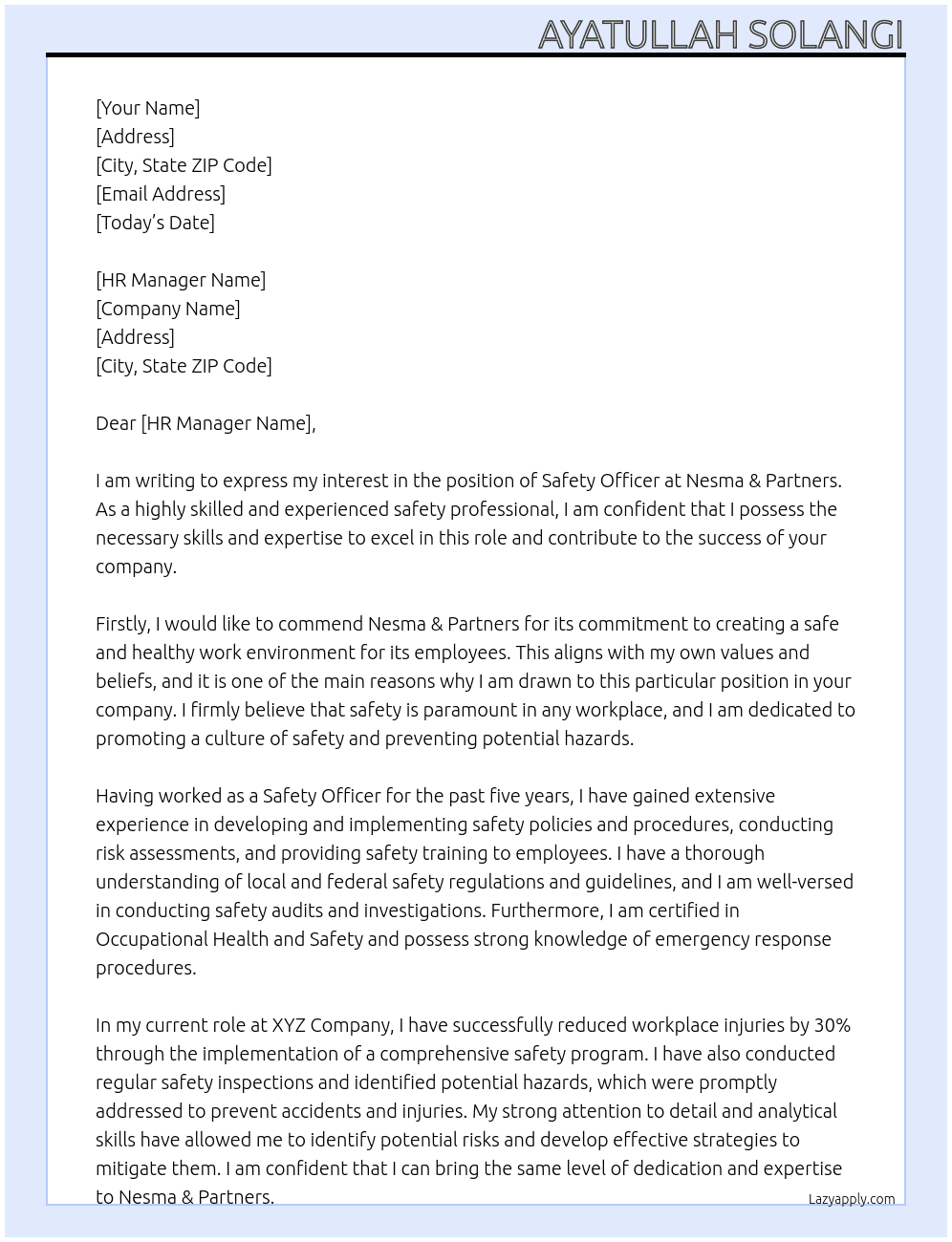 Safety Officer At Nesma & Partners Cover Letter