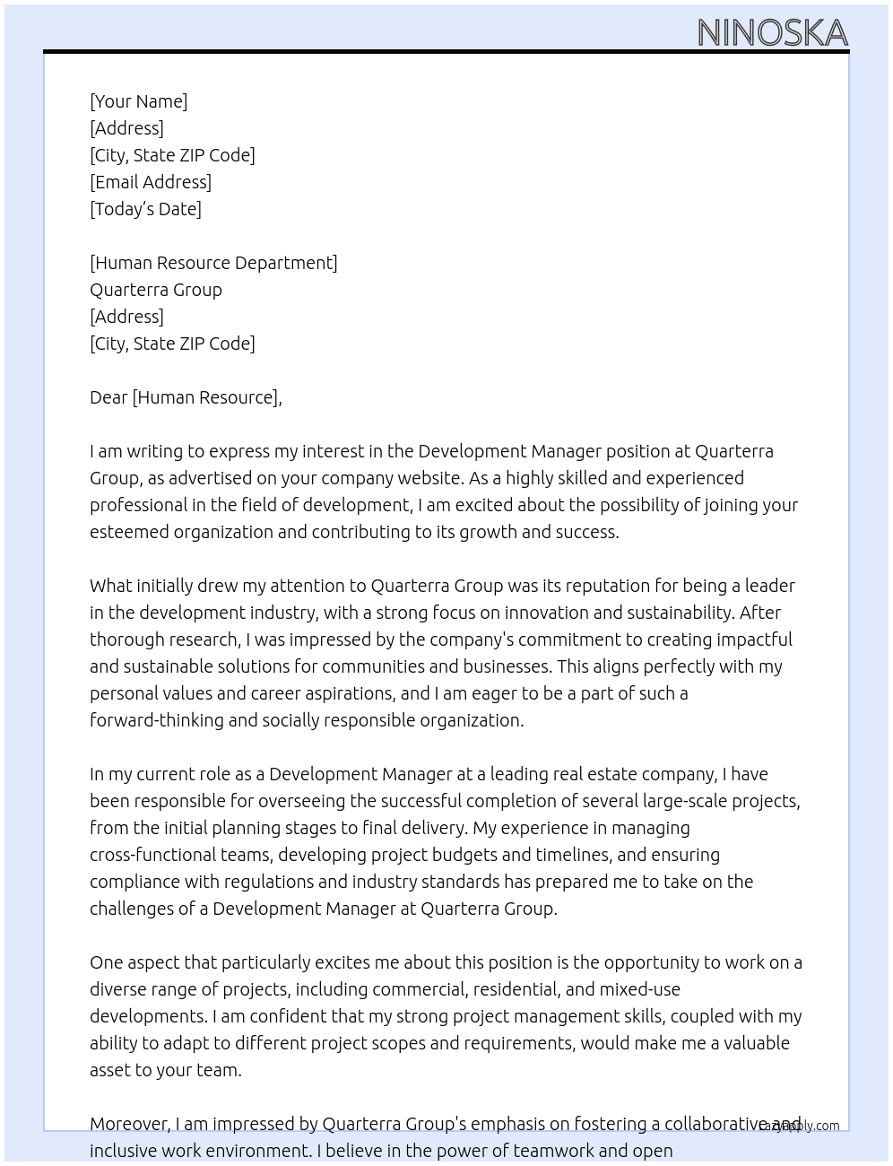 Development Manager At Quarterra Group Cover Letter