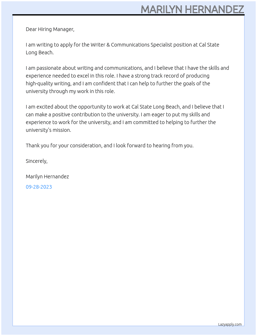 Writer & Communications Specialist At Cal State Long Beach Cover Letter