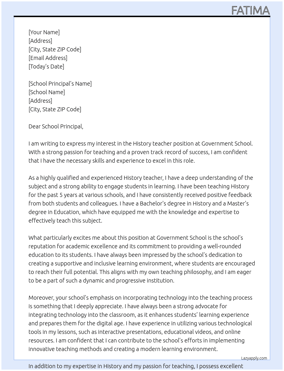 History teacher  At Government school  Cover Letter