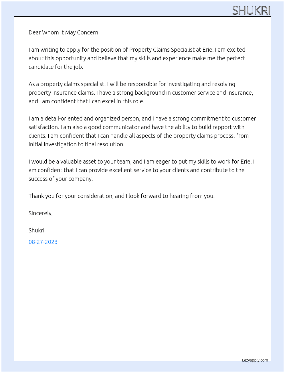 Property Claims Specialist  At Erie Cover Letter