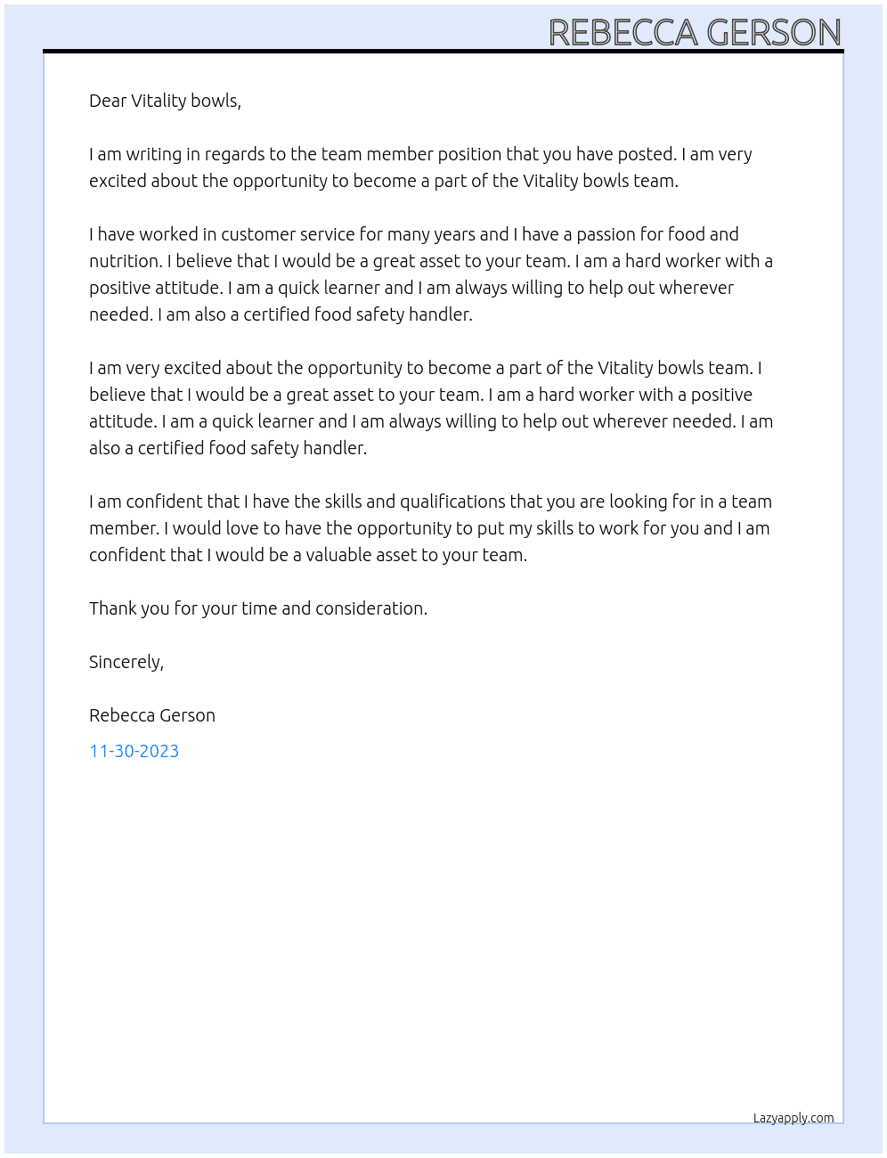 team member At Vitality bowls Cover Letter