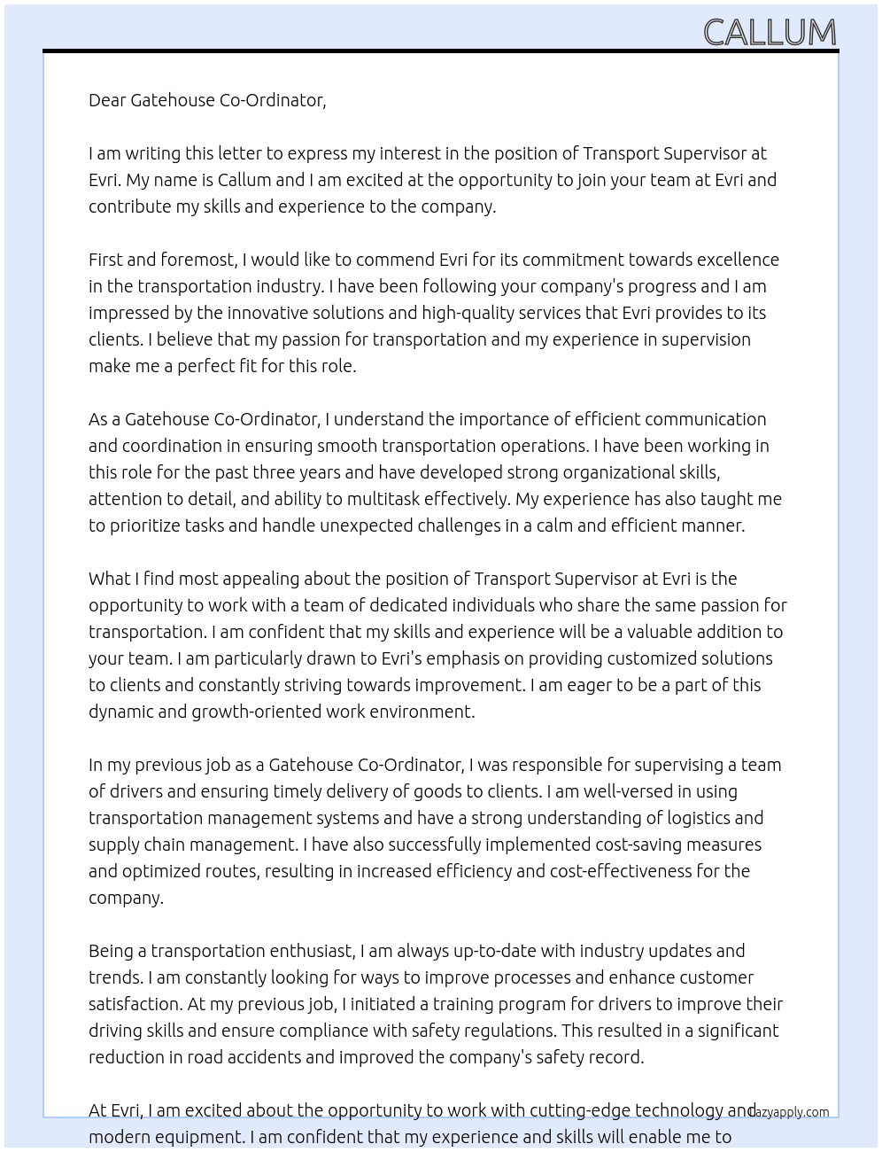 transport supervisor At evri Cover Letter