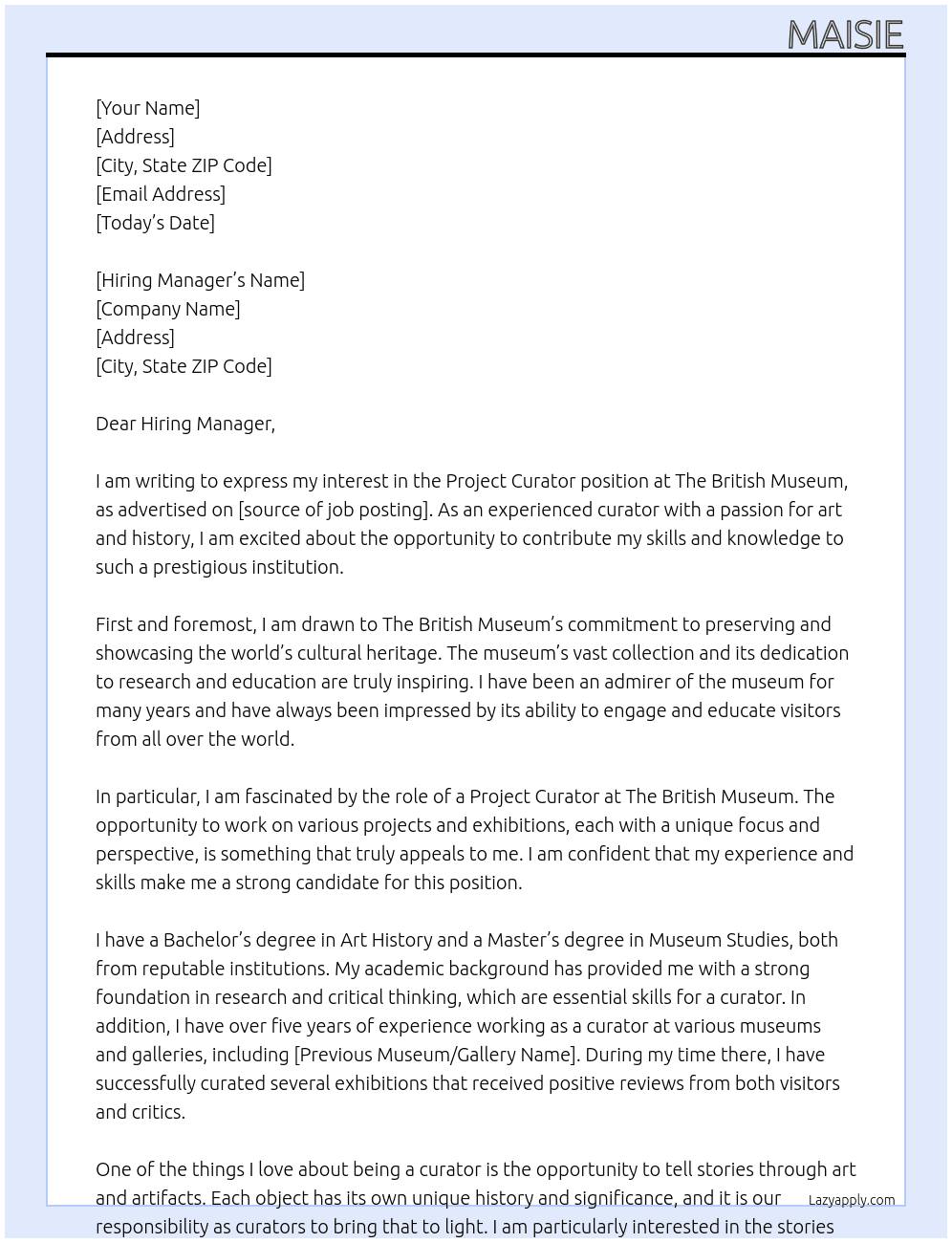 Project Curator At The British Museum  Cover Letter