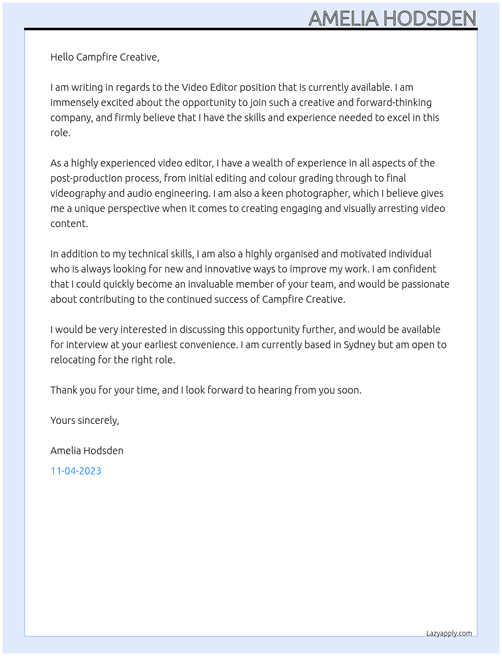 Video Editor At Campfire Creative Cover Letter