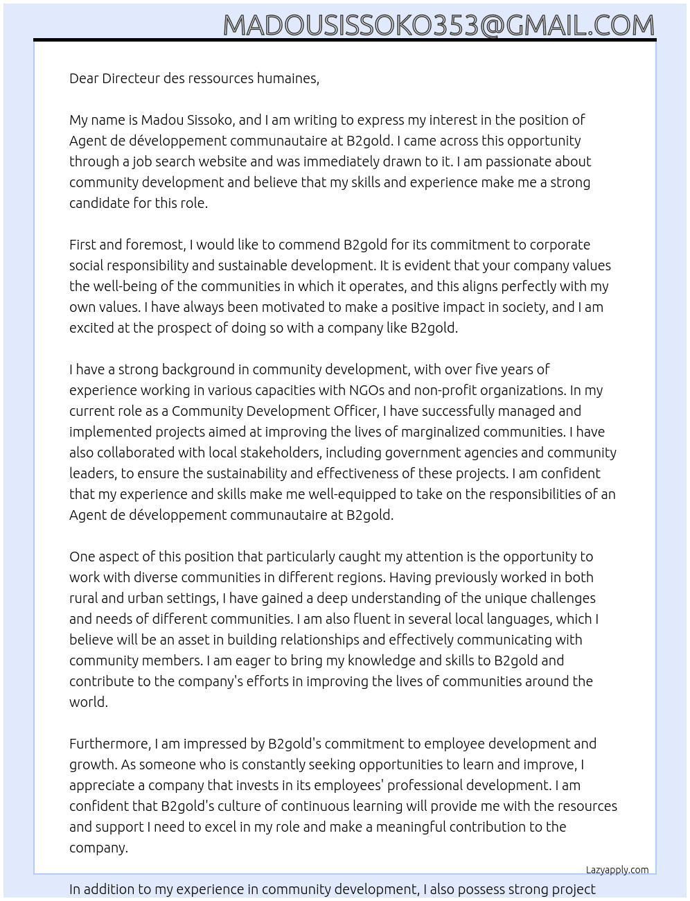 Agent de développement communautaire  At B2gold Cover Letter