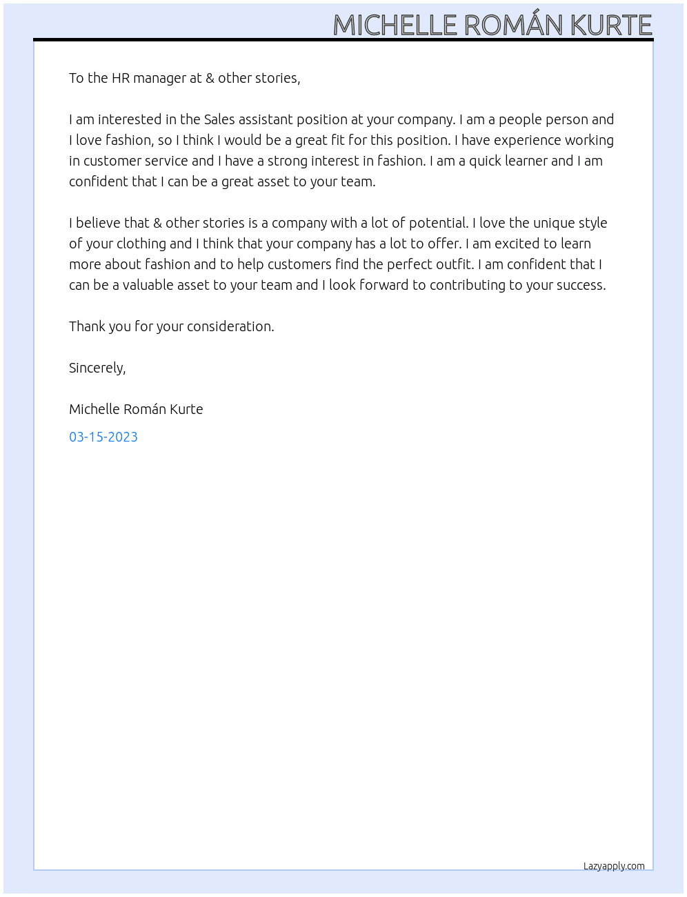 Sales assistant  At & other stories  Cover Letter