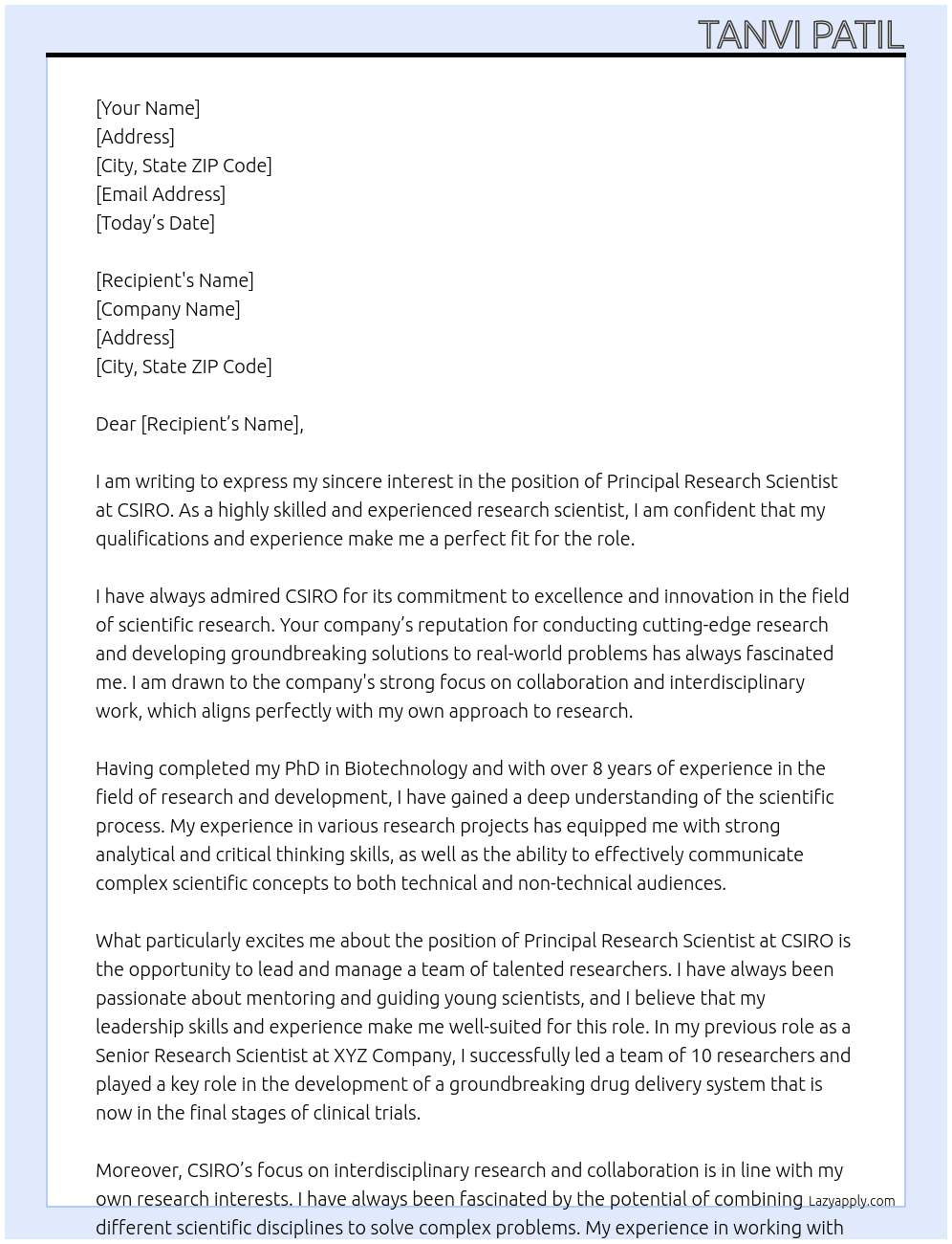 Principal Research Scientist At CSIRO Cover Letter